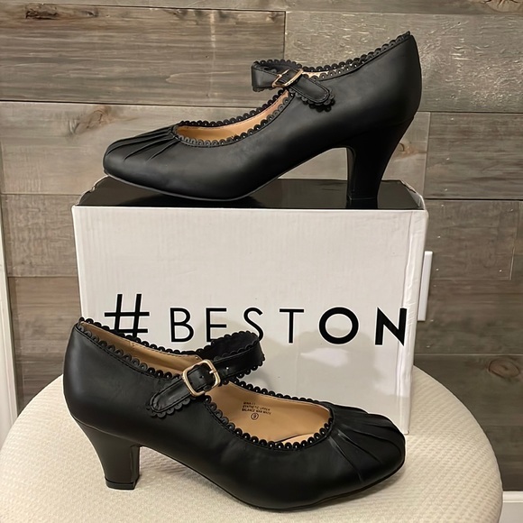 Petite Mid Heel Mary Jane Leather Pump Shoes TS107